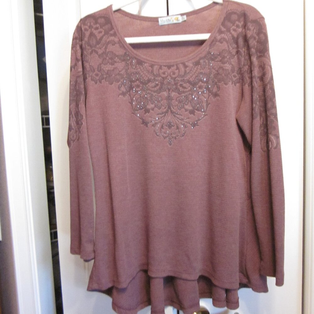 One World Unity Plum Waffle Knit Tunic Top Sz XL